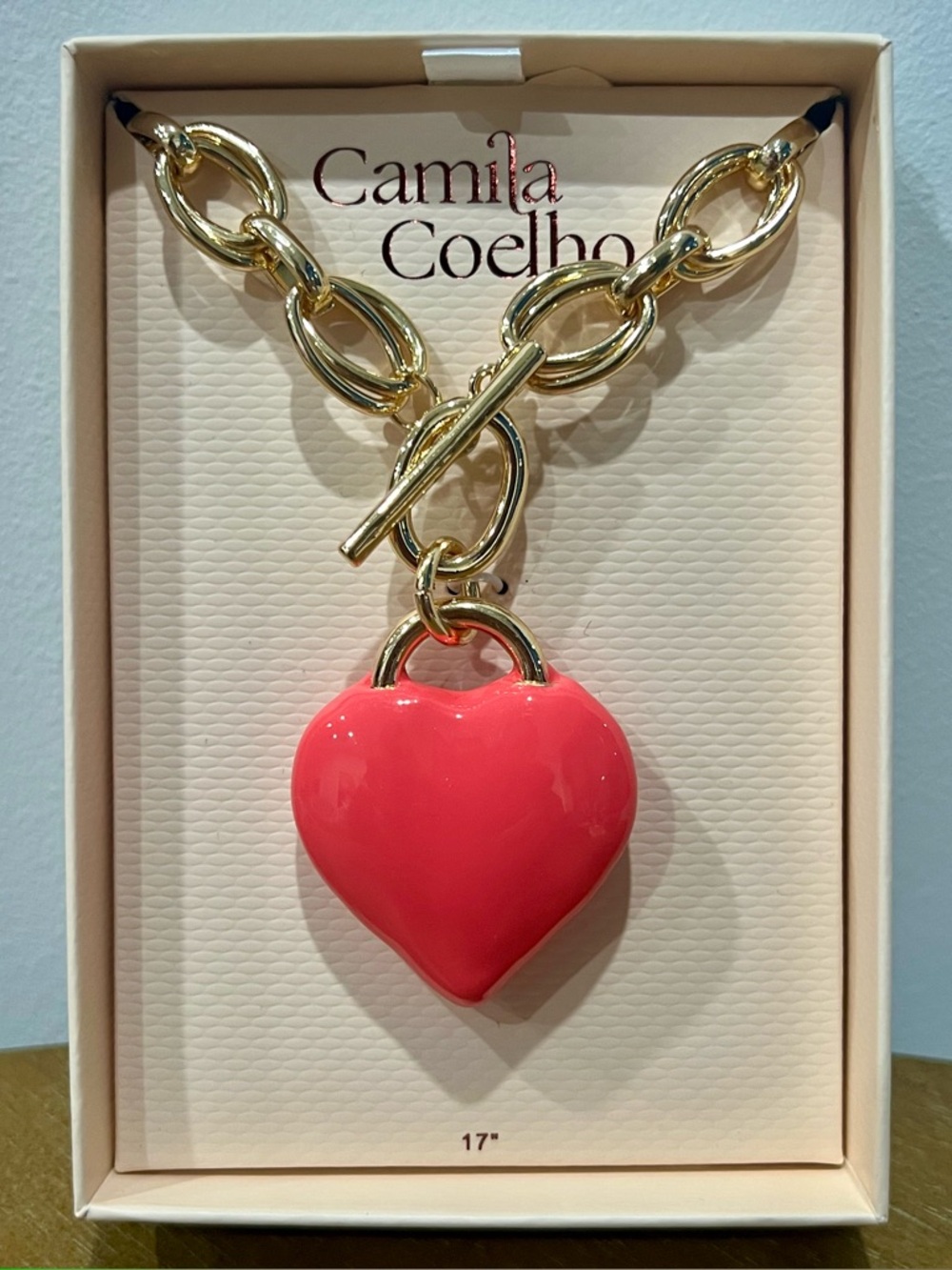 Camila Coelho Gold Chain Necklace Pink Heart Pendant Toggle Statement 17” NWT